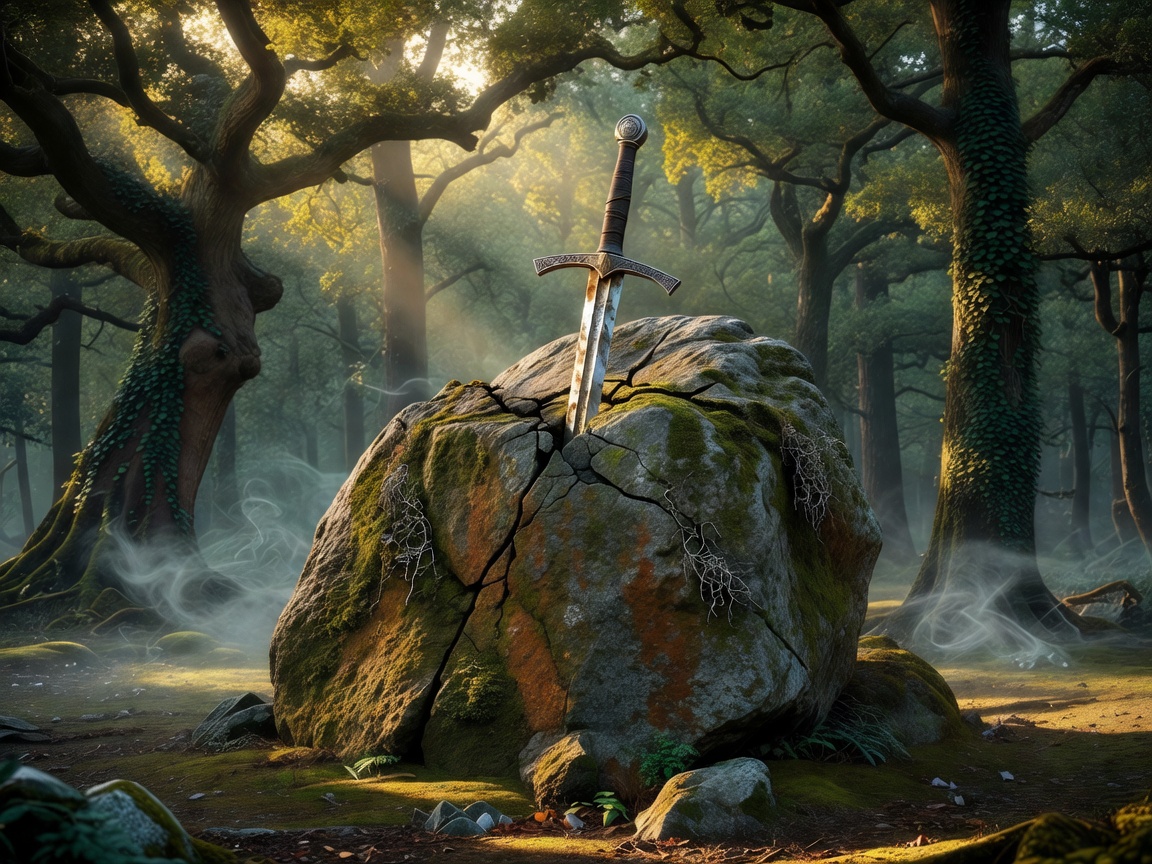 Ancient sword embedded in stone, symbolizing Arthurian legend